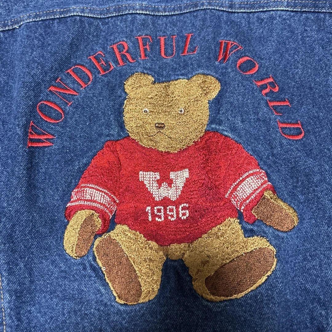 美品　ワンダフルワールド くま刺繍ワッペン デニムジャケット カネコイサオ　短丈