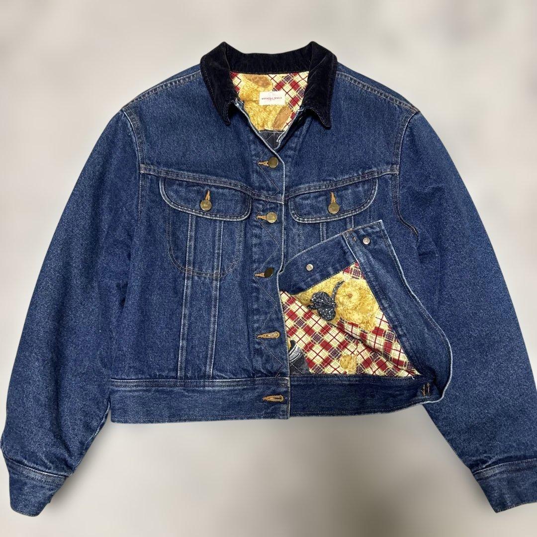 美品　ワンダフルワールド くま刺繍ワッペン デニムジャケット カネコイサオ　短丈