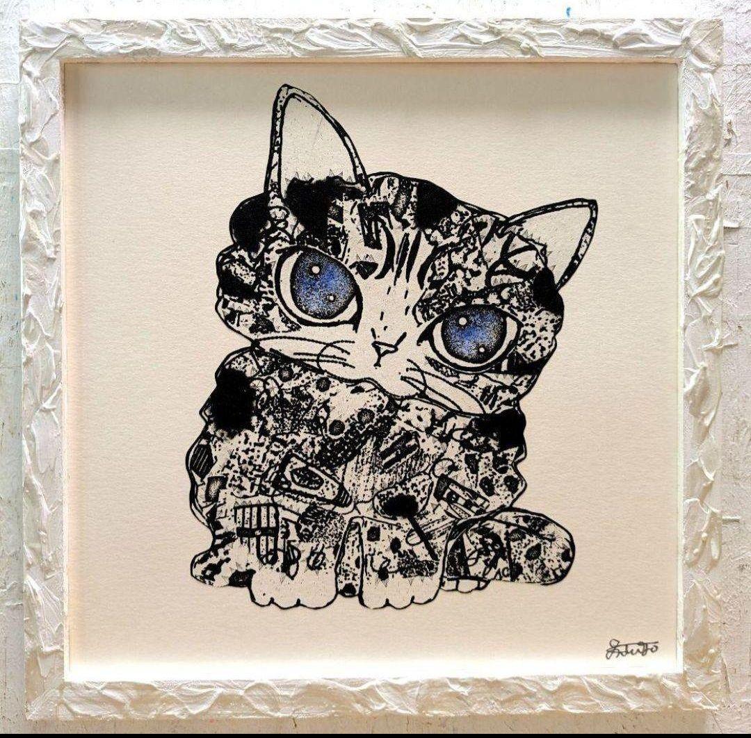 今月ラス1❗手作り額付き作品　title「きらめきニャンコ」