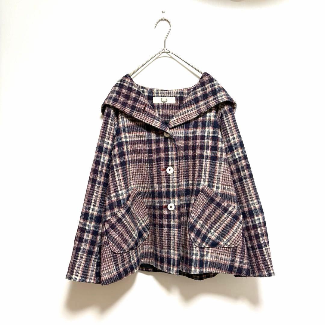 美品 コットンハウスアヤ コート アウター チェック ナチュラル 日本製 M