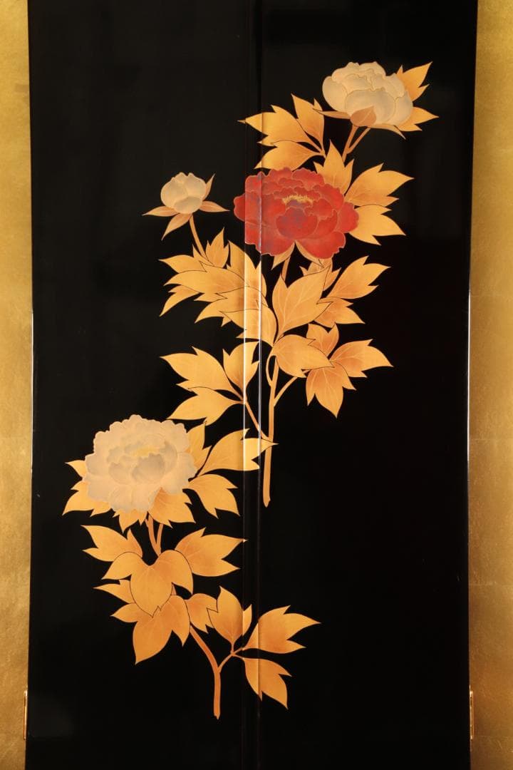 枝垂れ桜、高級輪島塗　黒漆塗り　芍薬蒔絵　台　ドレッサ　三面鏡 BE740