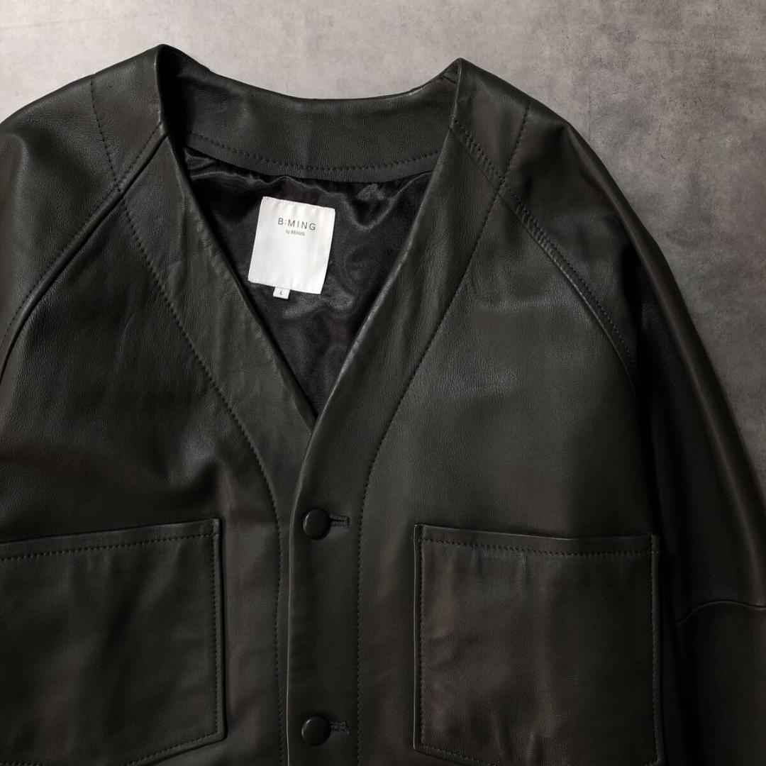 GQ3576◇B:MING by BEAMS : ノーカラー レザージャケット◇