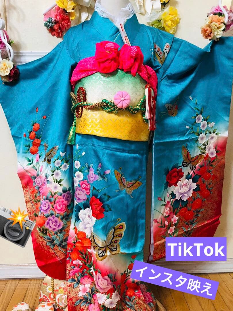 七五三7歳‼️豪華正絹Blue暈し‼️蝶々薔薇金彩金箔‼️完全フルセット✨プリンセス❤️