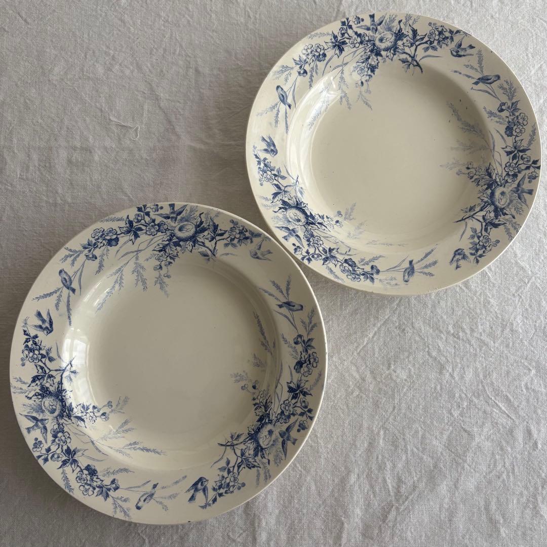 フランスアンティーク クレイユエモントロー ￼Linotteプレート2枚セット