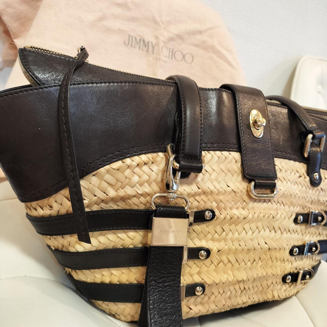 美品 JIMMY CHOO ストロー レザー トートバッグ かごバッグ 舟形