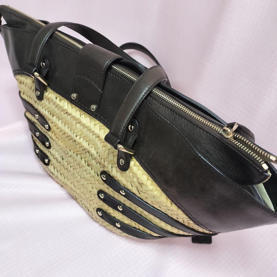 美品 JIMMY CHOO ストロー レザー トートバッグ かごバッグ 舟形