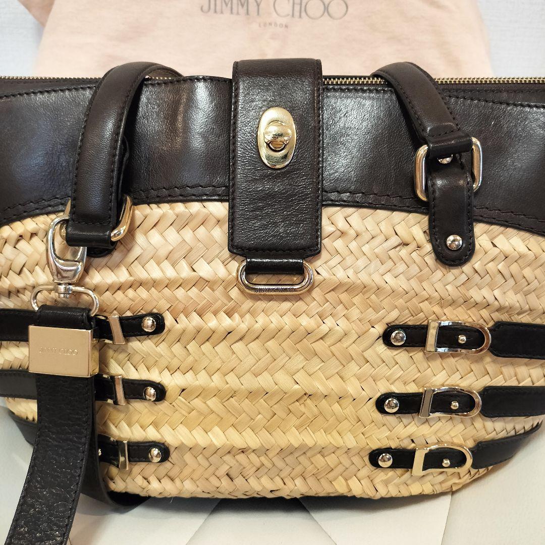 美品 JIMMY CHOO ストロー レザー トートバッグ かごバッグ 舟形