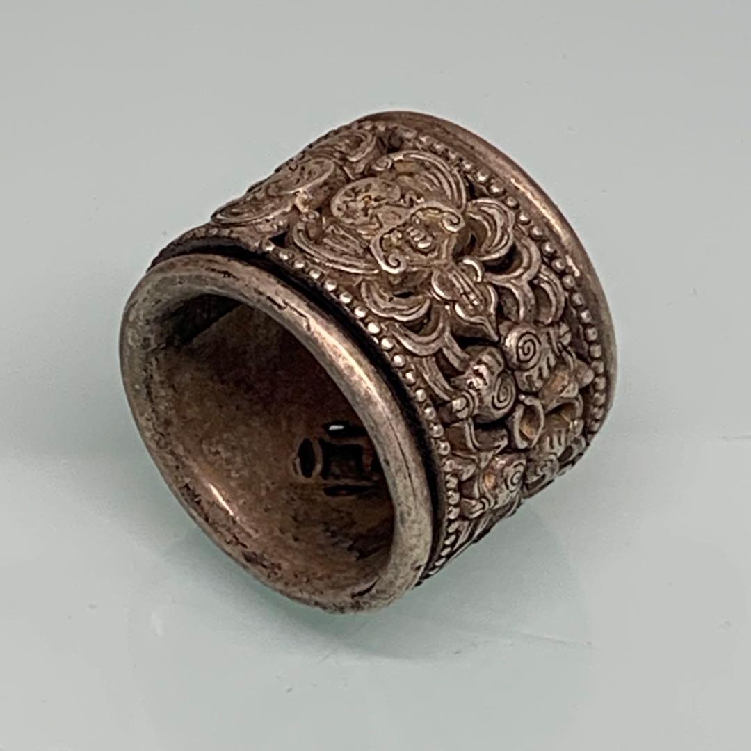 旧蔵　模様 扳指&指輪　清国　「光緒·元寶·足銀」銘　吉祥紋細工彫刻　時代物