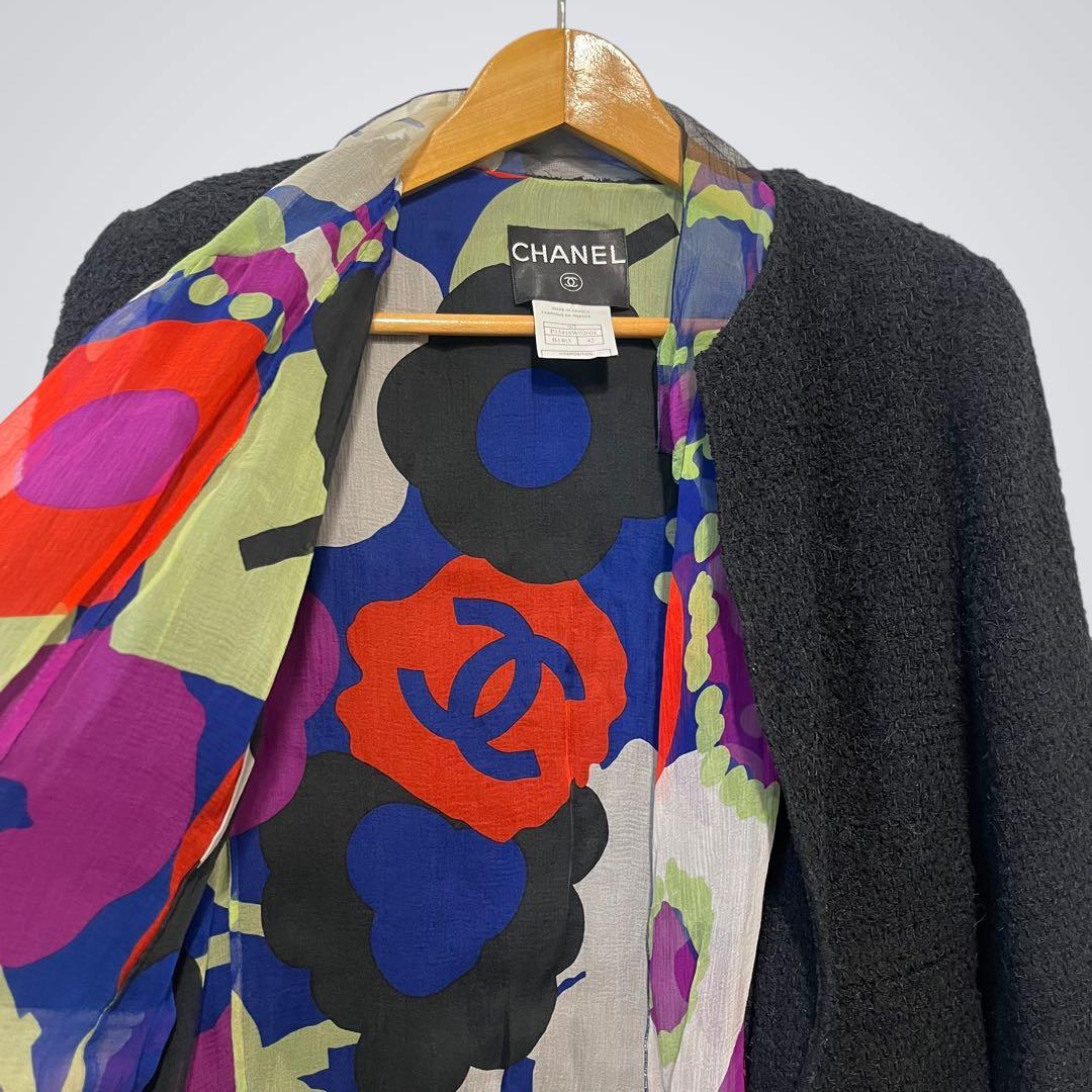 【美品】CHANEL ツイード ノーカラージャケット 42サイズ　マルチカラー