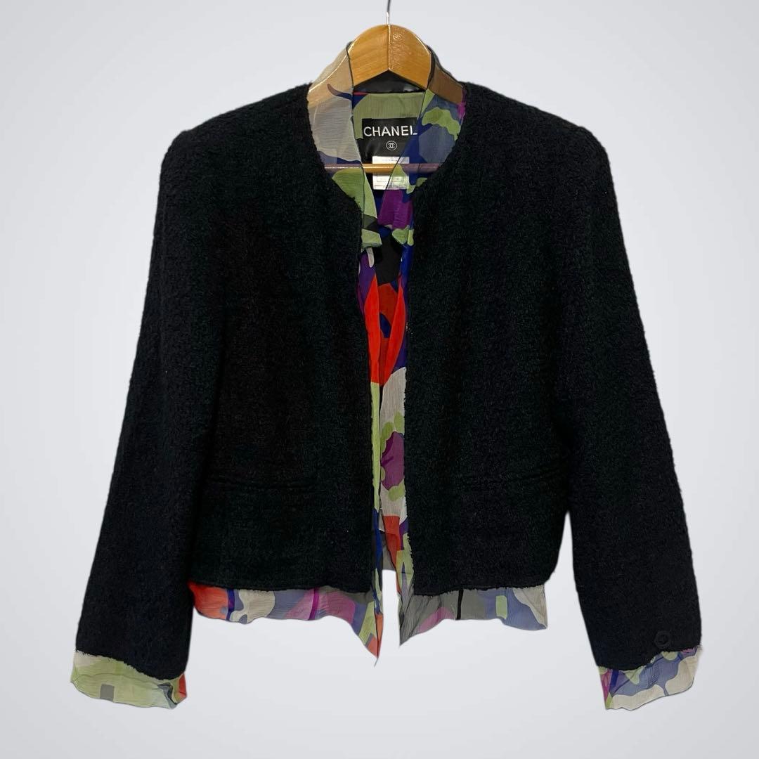 【美品】CHANEL ツイード ノーカラージャケット 42サイズ　マルチカラー
