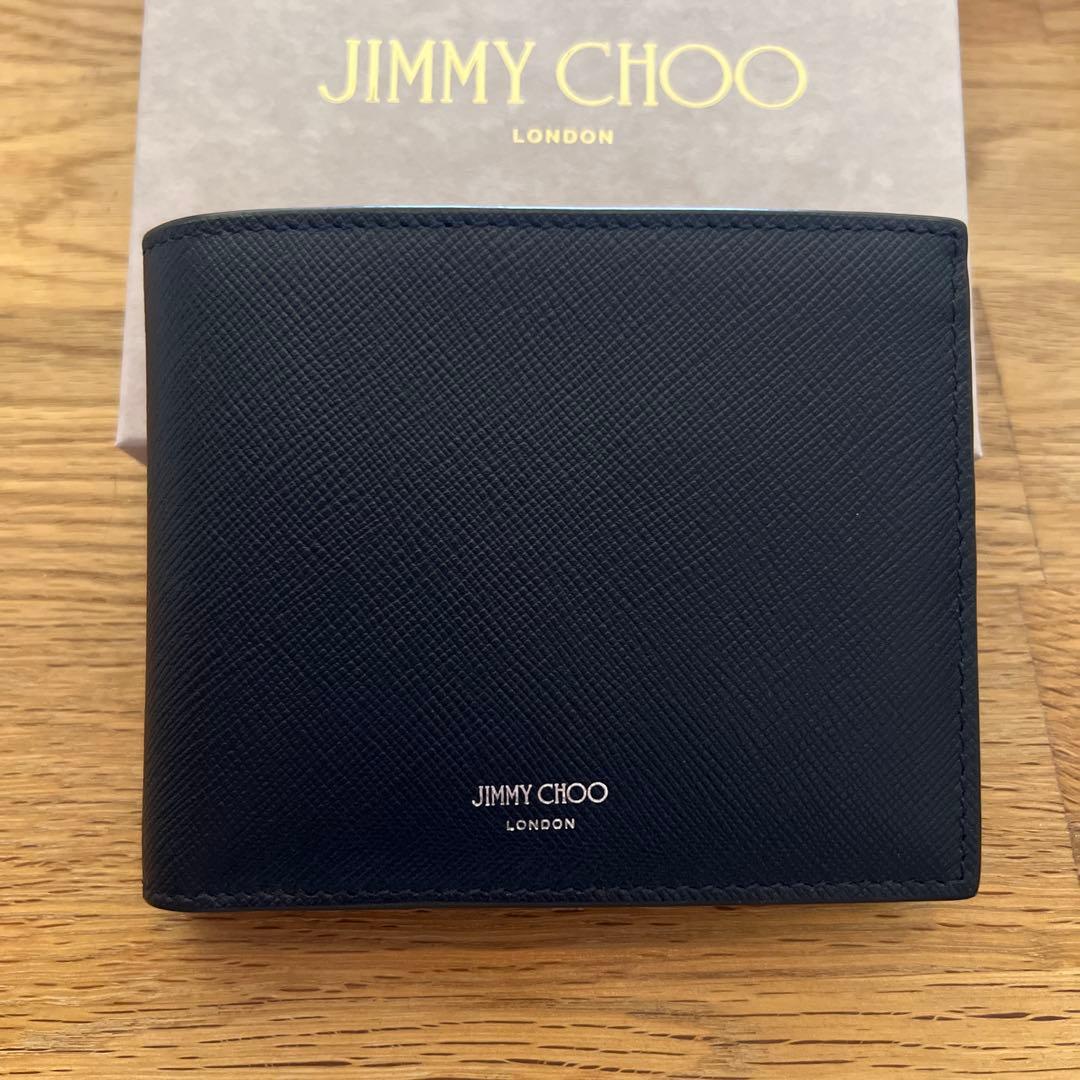【新品未使用】jimmy choo ジミーチュウ　折り財布　文字柄　ネイビー