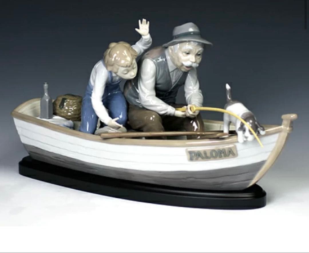 リヤドロLladroリアドロ陶器人形 置物ファミリーおじいちゃんと魚釣り-台座付