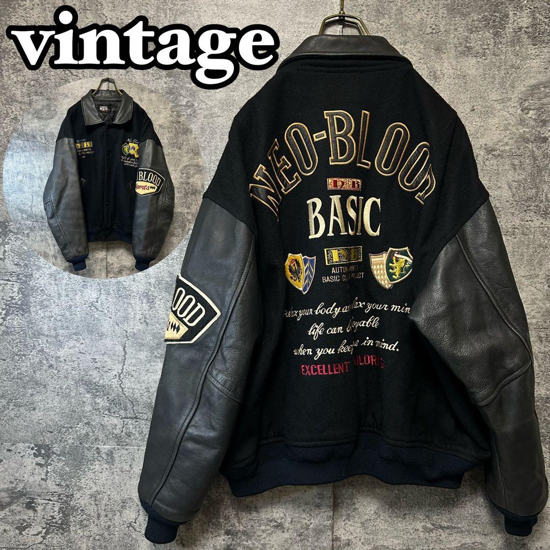 古着　90s ヴィンテージ スタジャン　刺繍　オールブラック　本革レザー　希少