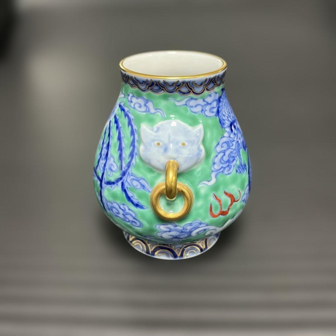 深川製磁　有田焼　鬼面龍朱雀文花瓶　未使用　花入※宮内庁御用達