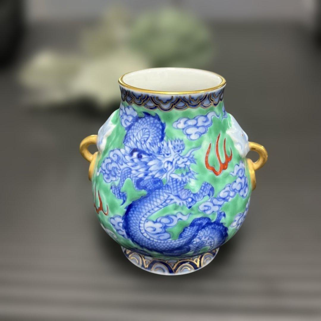 深川製磁　有田焼　鬼面龍朱雀文花瓶　未使用　花入※宮内庁御用達