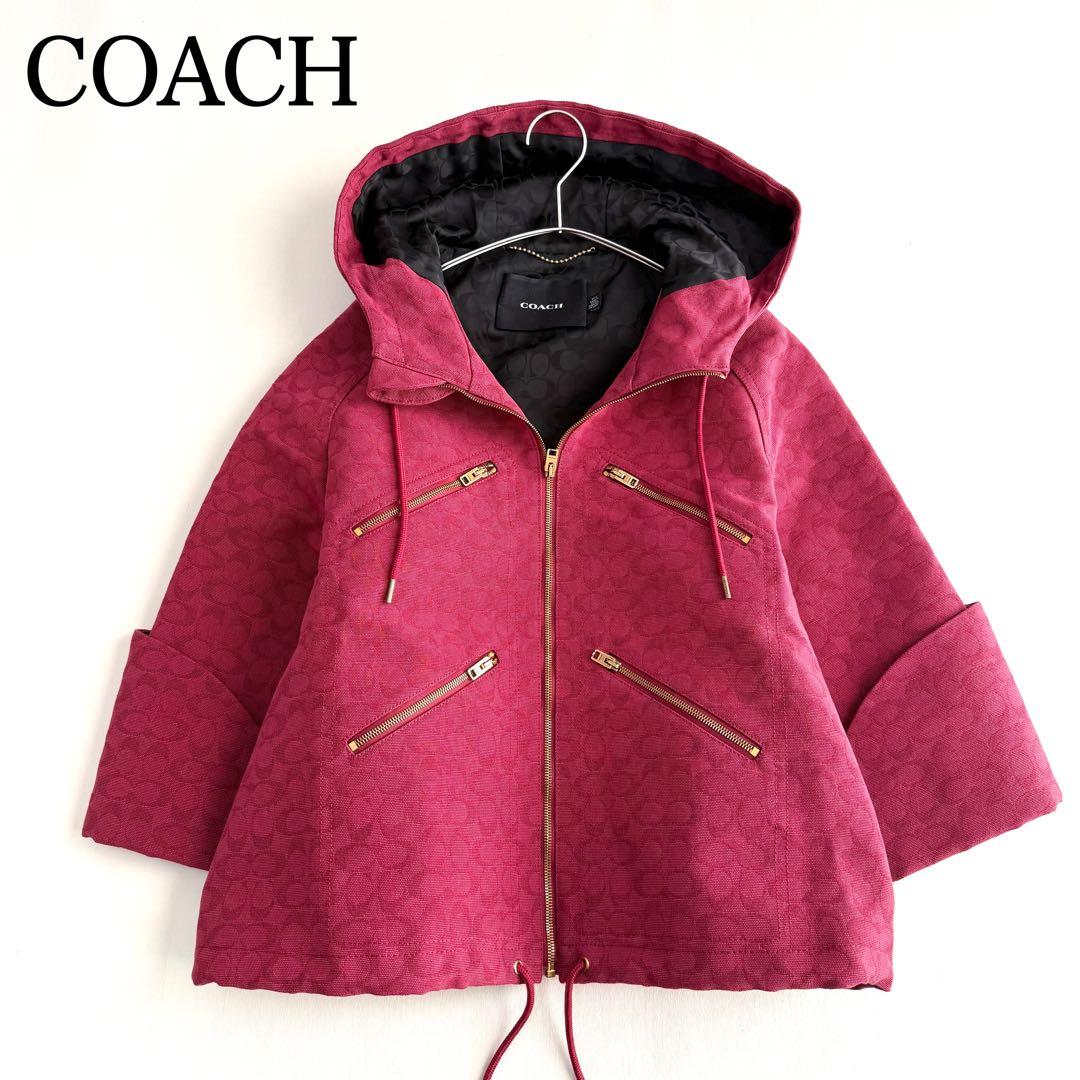 【COACH】コットンジャガードジャケット　シグネチャー　レッド　Lサイズ相当