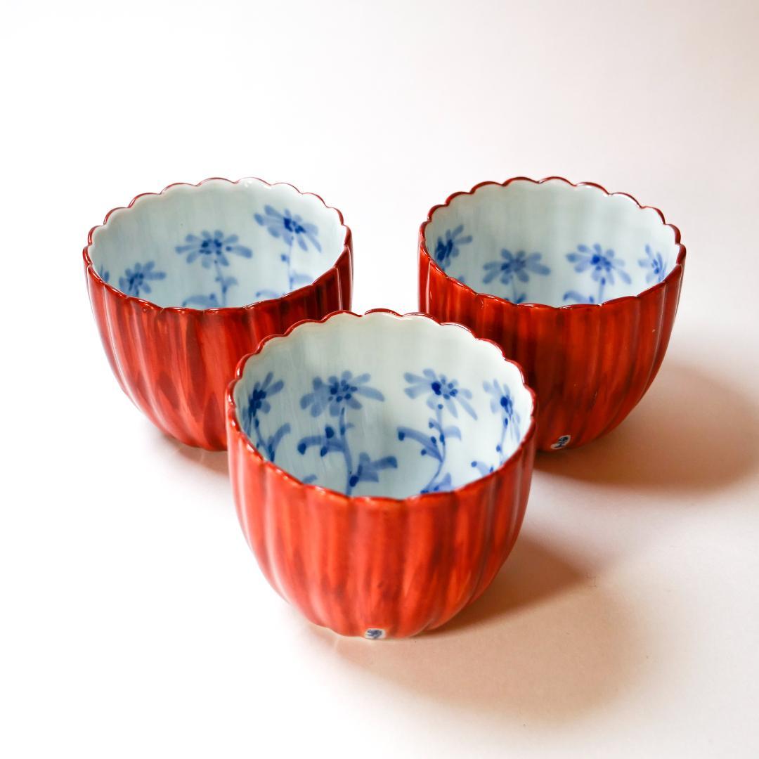 有田焼　源右衛門窯　朱泥菊形　小鉢　3客セット