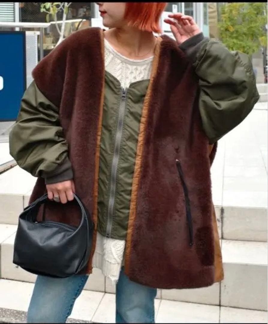 美品　【etsinta/エシンタ】ファー切替ジャケット　ブラウン