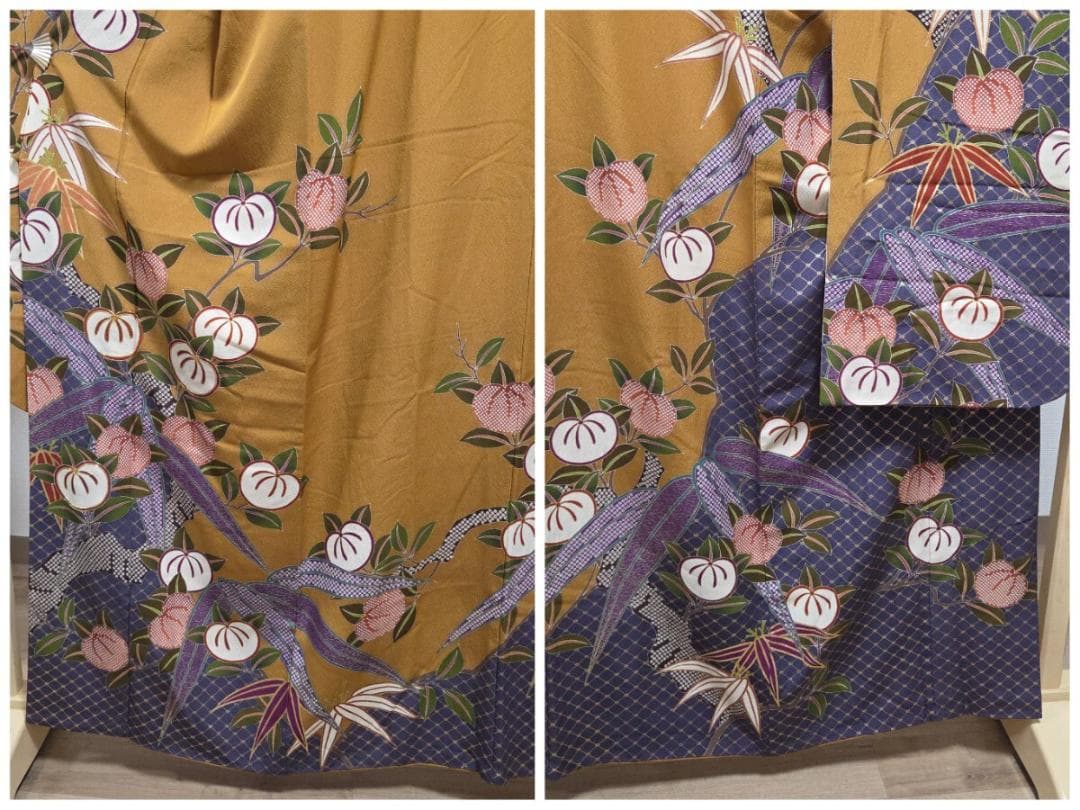 F5 橘の花模様 金駒刺繍 金彩 縮緬 山吹色 袷 正絹 成人式 振袖襦袢セット