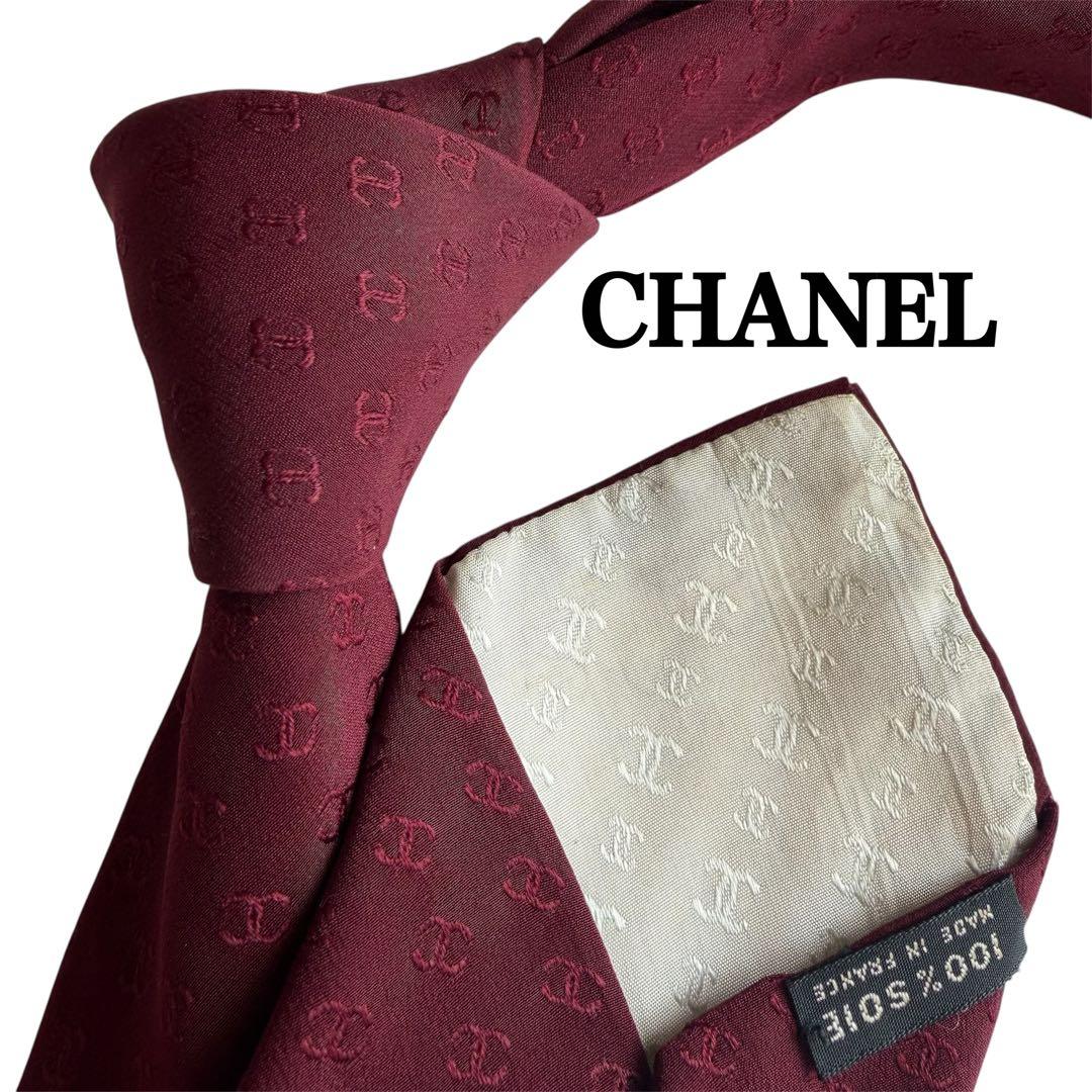 CHANEL シャネル　バーガンディ ボルドー　ココシャネルロゴ　　ネクタイ