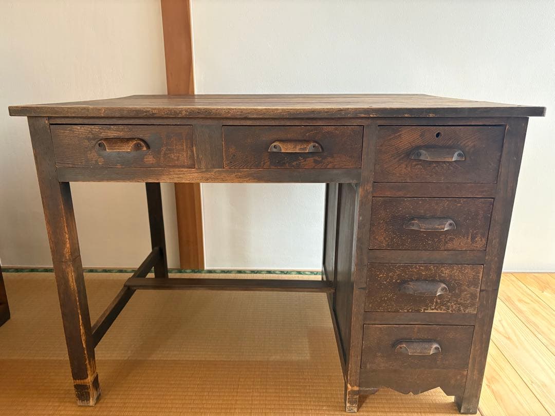 アンティーク木製文机 6引き出し