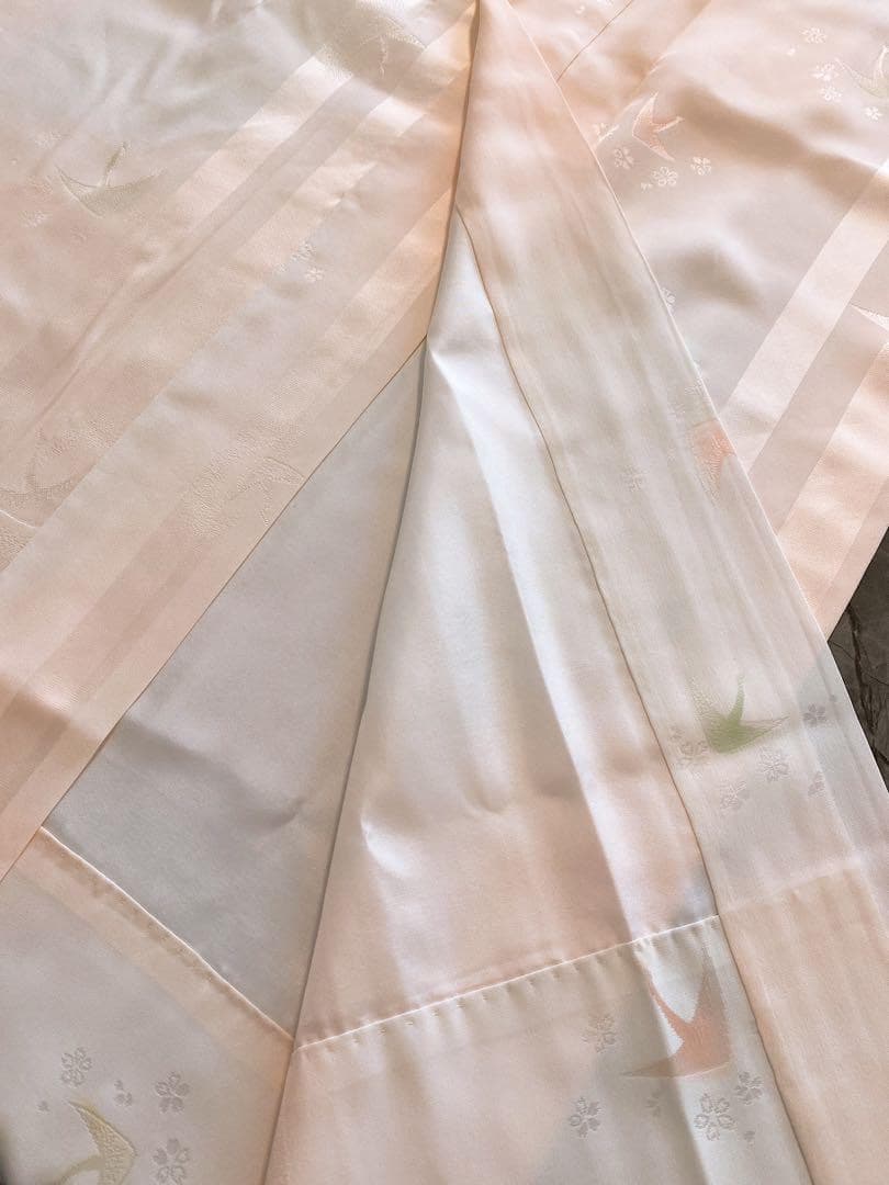 J48新品　正絹袷長襦袢　夢二落款　鶴模様　コーラルピンク 半衿付き