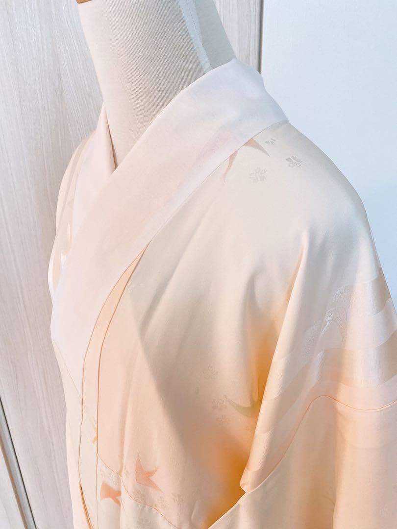 J48新品　正絹袷長襦袢　夢二落款　鶴模様　コーラルピンク 半衿付き