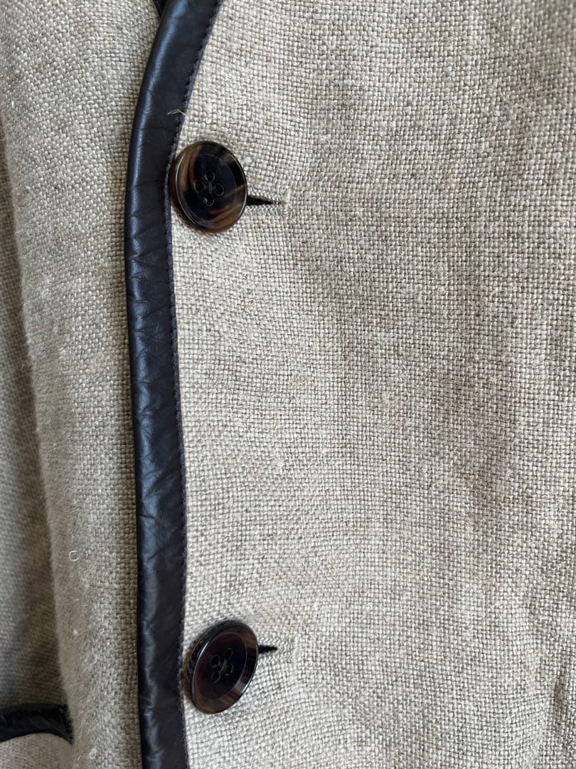 美品☆La Favola☆リネン × レザー ノーカラー パイピングジャケット