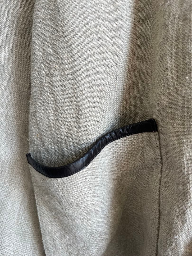 美品☆La Favola☆リネン × レザー ノーカラー パイピングジャケット