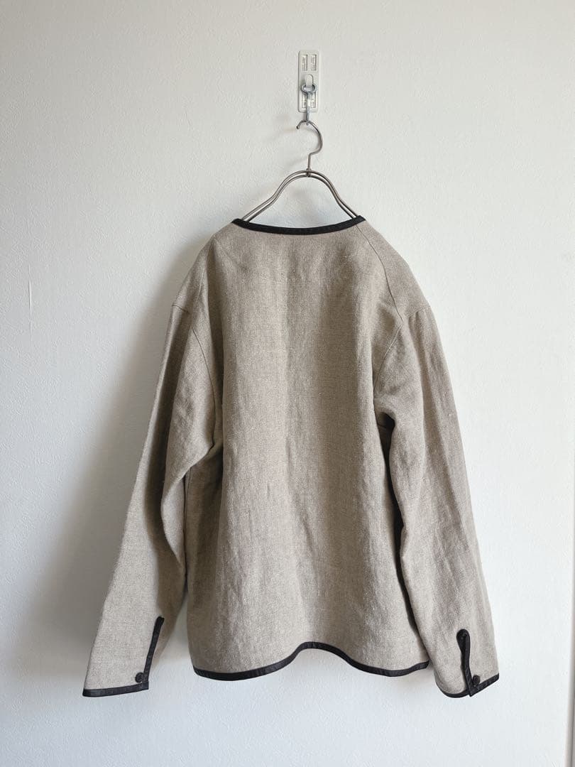 美品☆La Favola☆リネン × レザー ノーカラー パイピングジャケット