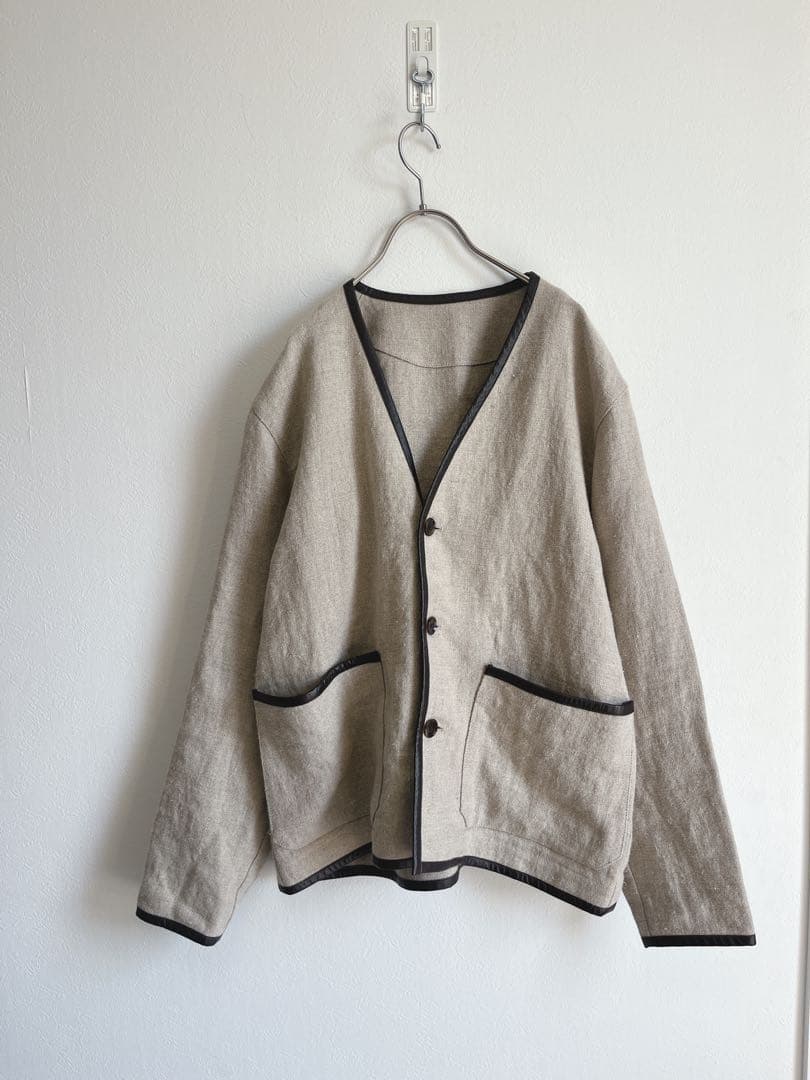 美品☆La Favola☆リネン × レザー ノーカラー パイピングジャケット