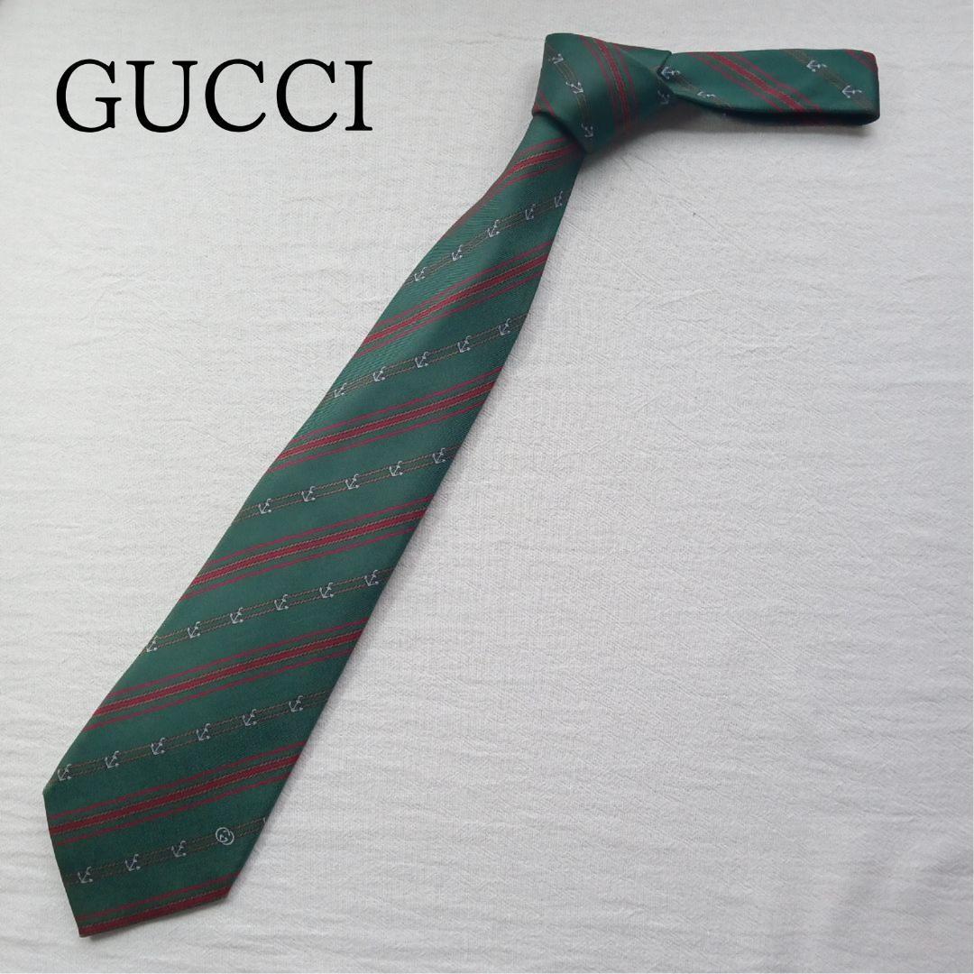 グッチ ネクタイ グリーン系 ストライプ柄 上品ビジネスフォーマル【n6163】