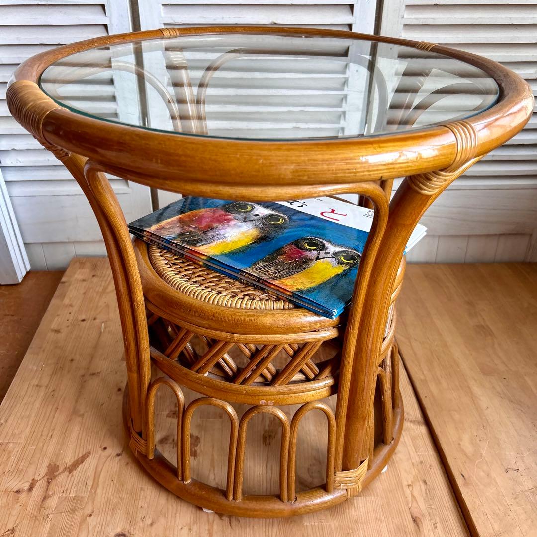 ラタン　ガラス　テーブル　サイドテーブル　コーヒーテーブル　籐　アジア