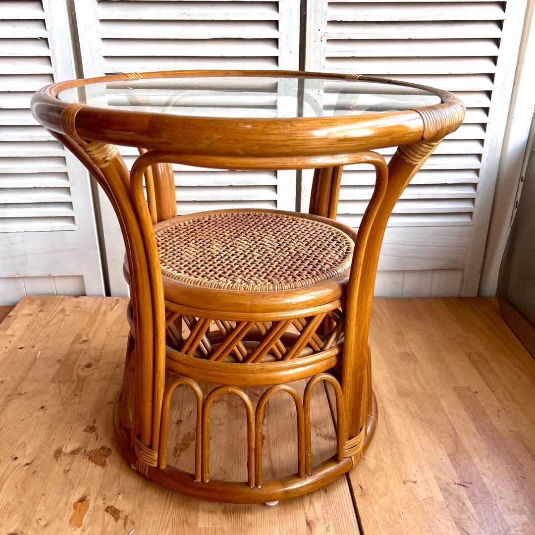 ラタン　ガラス　テーブル　サイドテーブル　コーヒーテーブル　籐　アジア