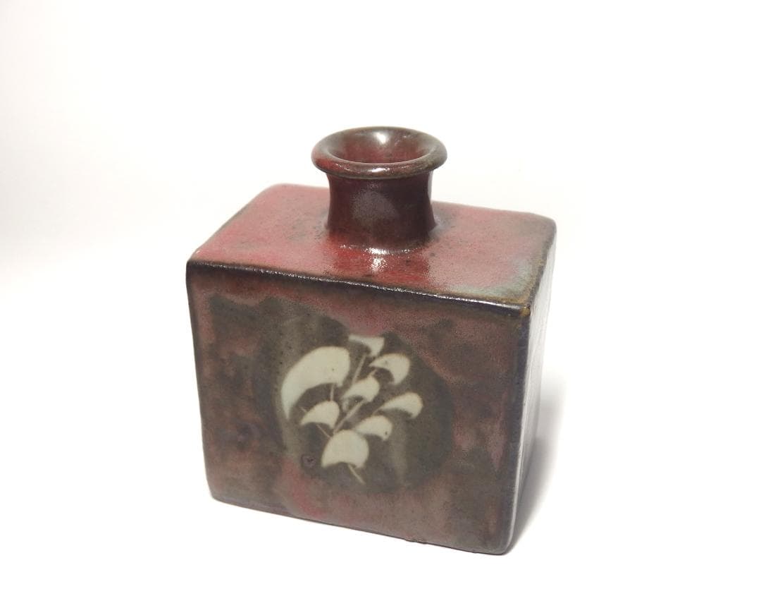 人間国宝島岡達三作/辰砂釉象嵌草花文扁壷/共箱/益子焼