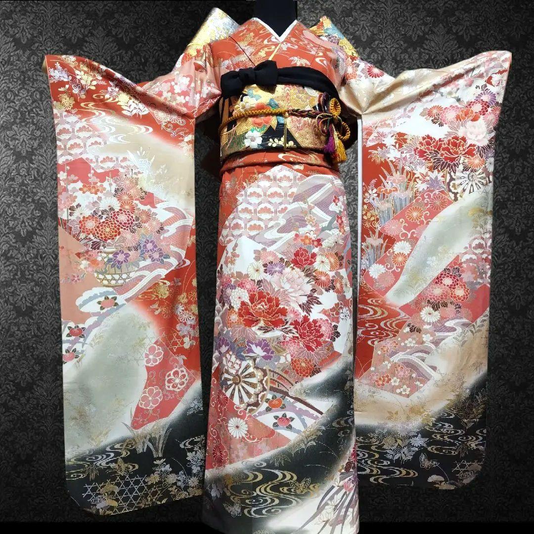 振袖フルセット(6点)・古典柄・金銀彩加工・暈し染め・高級手縫い・逸品・正絹