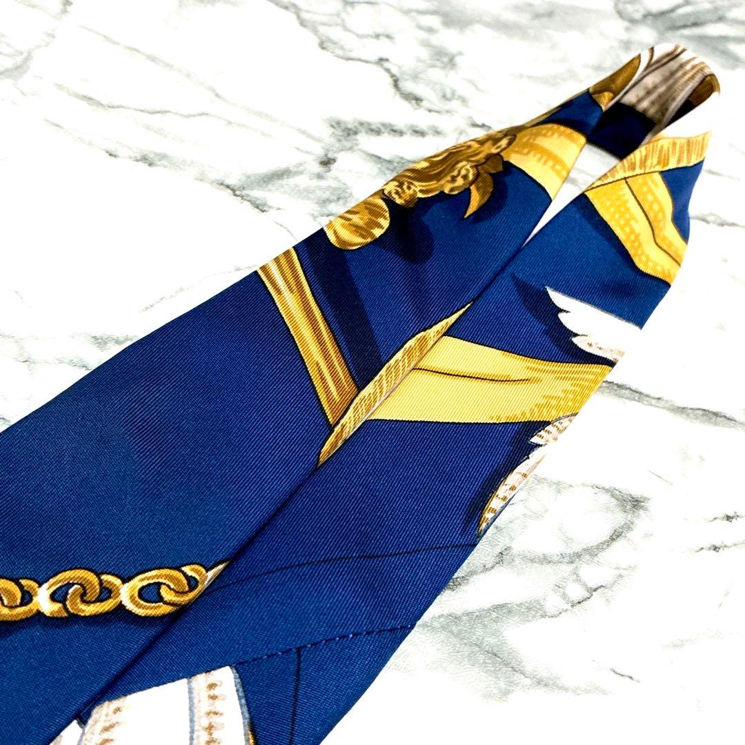 ✨極美品✨エルメス　スカーフ柄① ネイビー　ゴールド　ネクタイ