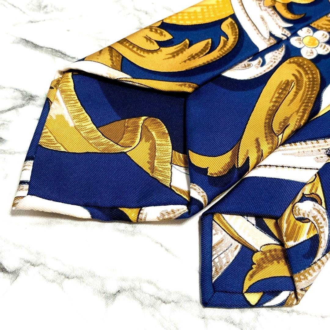 ✨極美品✨エルメス　スカーフ柄① ネイビー　ゴールド　ネクタイ