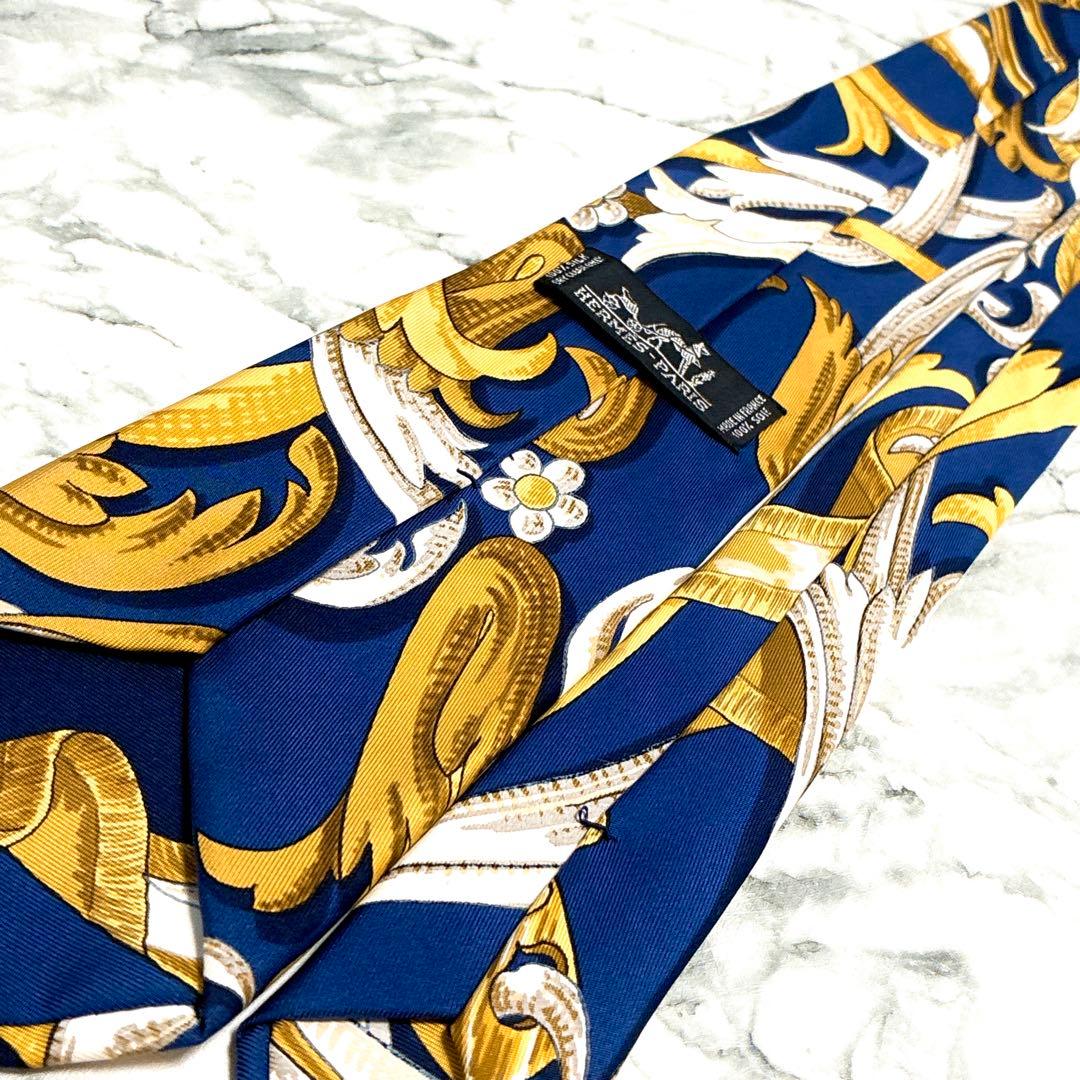 ✨極美品✨エルメス　スカーフ柄① ネイビー　ゴールド　ネクタイ