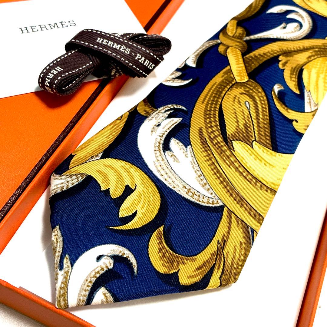 ✨極美品✨エルメス　スカーフ柄① ネイビー　ゴールド　ネクタイ
