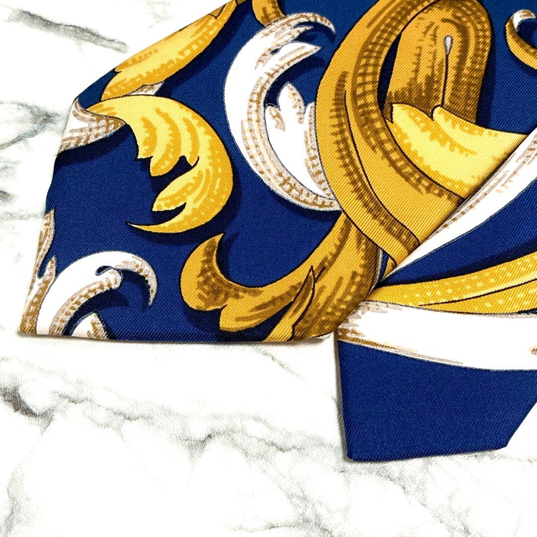 ✨極美品✨エルメス　スカーフ柄① ネイビー　ゴールド　ネクタイ