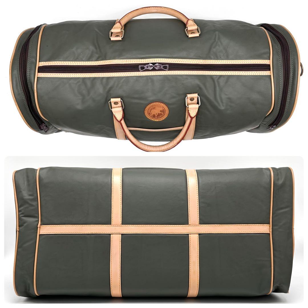 【特大】ハンティングワールド ボストンバッグ バチュークロス 外ポケットカーキ