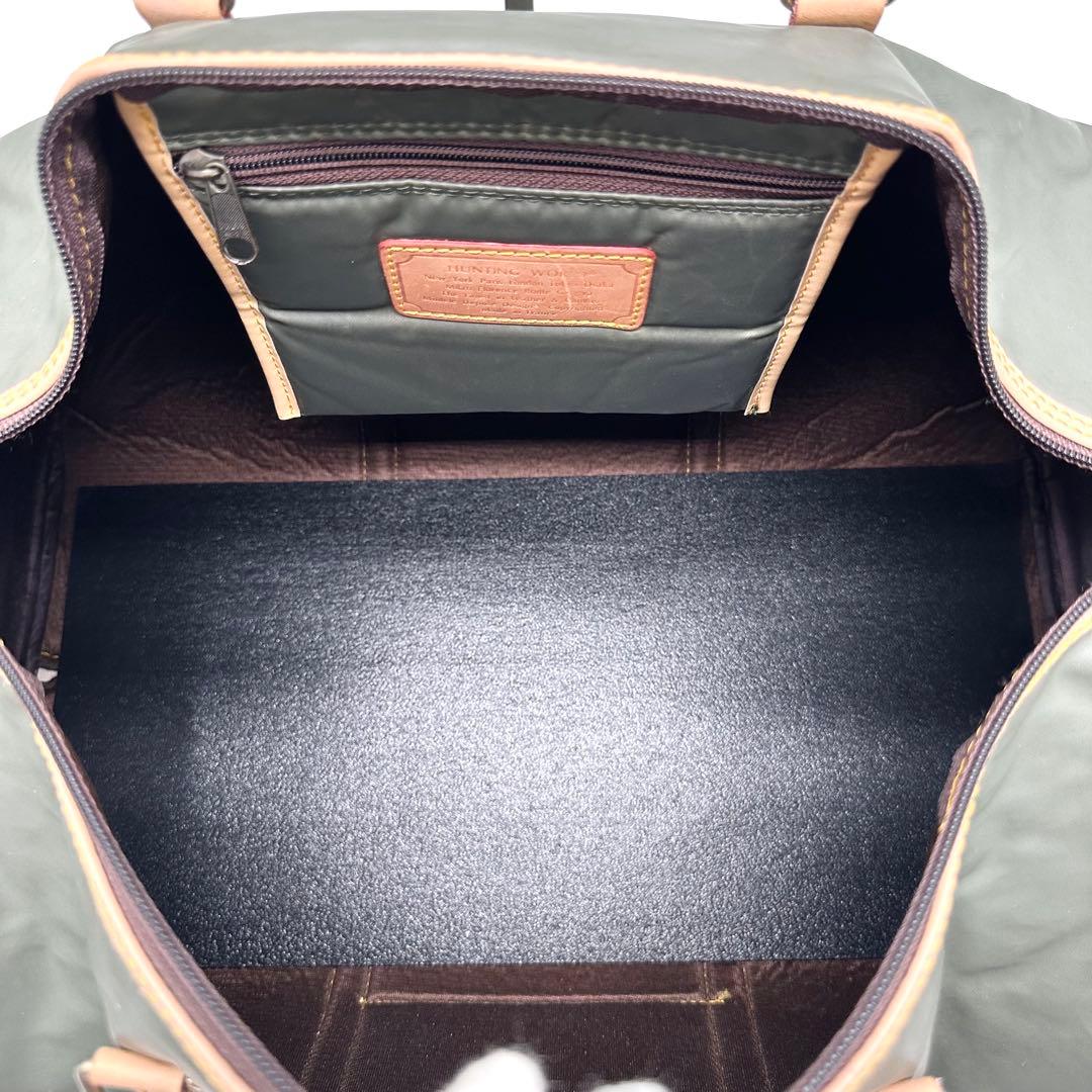 【特大】ハンティングワールド ボストンバッグ バチュークロス 外ポケットカーキ