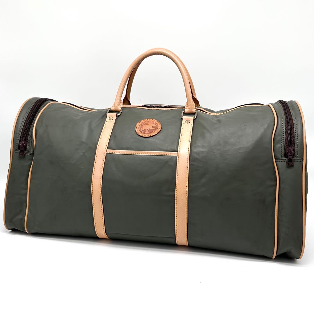 【特大】ハンティングワールド ボストンバッグ バチュークロス 外ポケットカーキ