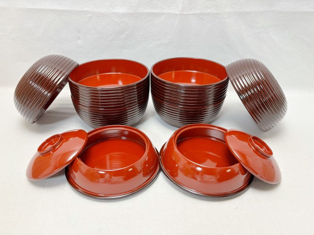 未使用 懐石道具 木製溜塗 信玄三段弁当 2客揃 千筋 内朱 重箱 会席 紙箱