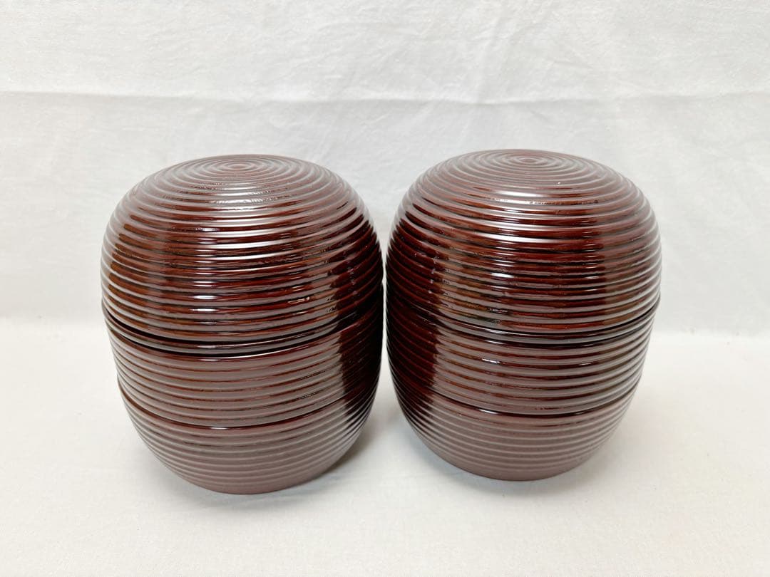 未使用 懐石道具 木製溜塗 信玄三段弁当 2客揃 千筋 内朱 重箱 会席 紙箱