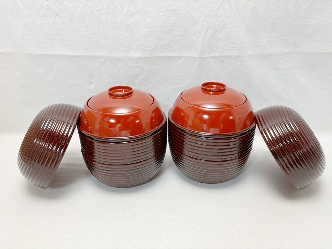 未使用 懐石道具 木製溜塗 信玄三段弁当 2客揃 千筋 内朱 重箱 会席 紙箱