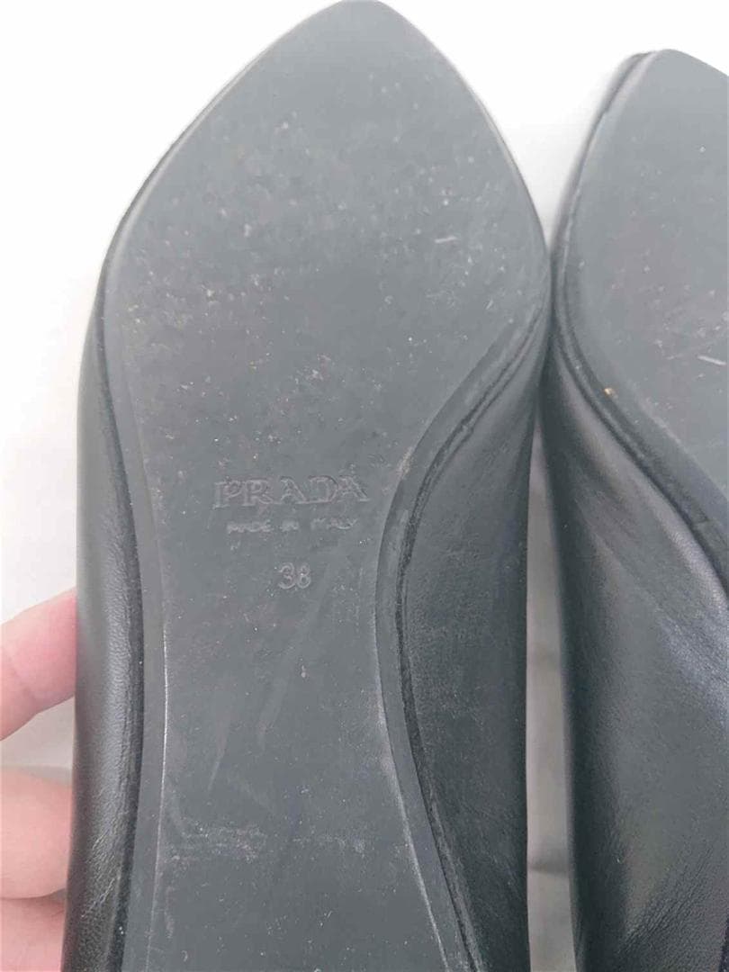 &プラダ バレエシューズ リボン レザー ブラック系 38 レディース