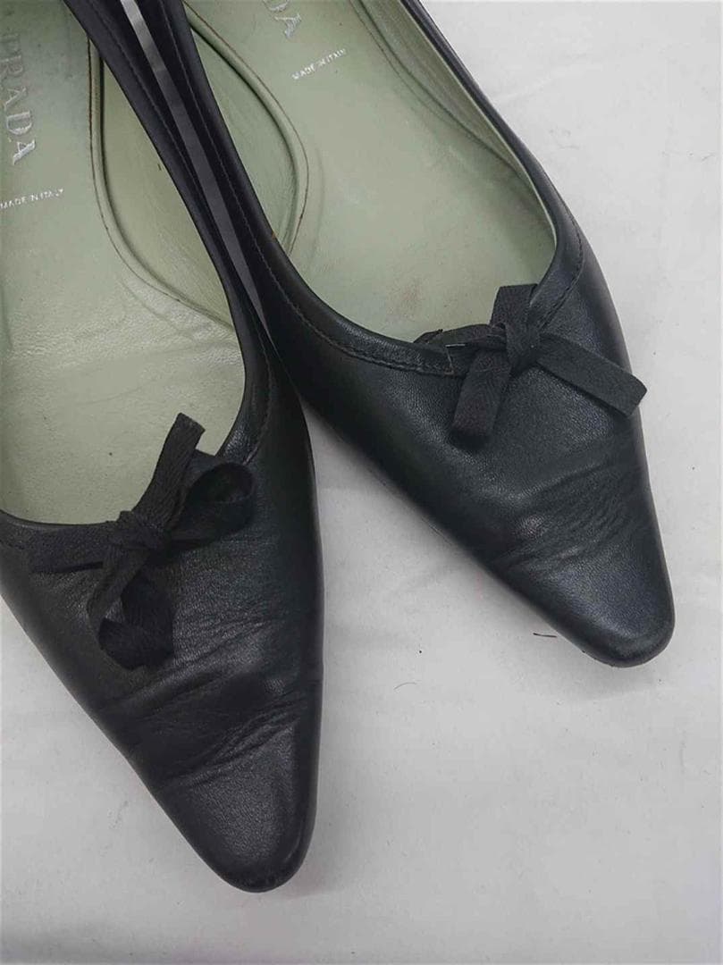 &プラダ バレエシューズ リボン レザー ブラック系 38 レディース