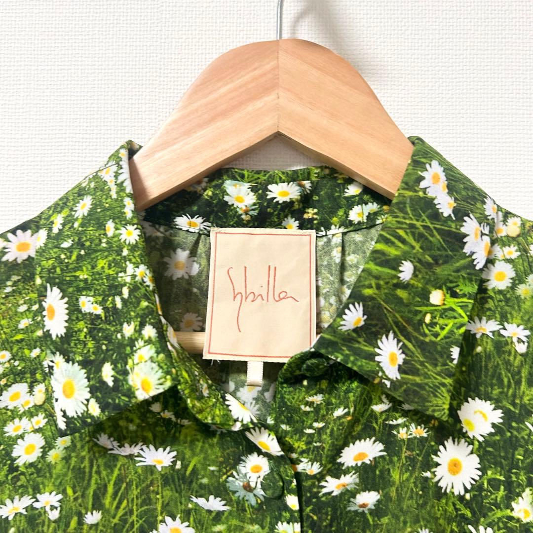 シビラ　カモミールフラワープリントシャツドレス　　　花柄ワンピース　グリーン　M